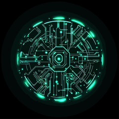 Poster - Glowing digital circuit board design with green neon lights on black background.