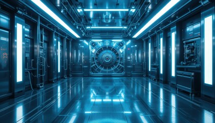 Poster - Futuristic Blue Technology Corridor with Neon Lights and Steel Walls