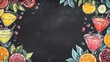 © Zeva - Chalkboard cocktail menu background, fruit slices, drinks