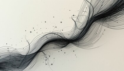 Poster - Abstract Black Line Art with Flowing Curves and Dots on White Surface