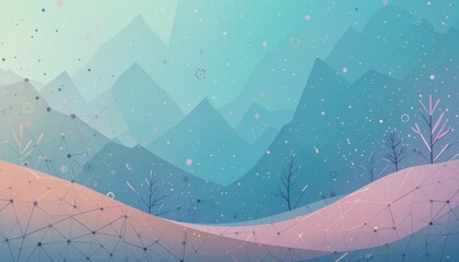 Poster - Abstract Geometric Landscape with Blue Mountains and Snowflakes