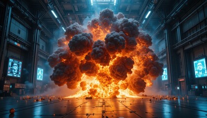 Poster - Massive Explosive Fireball Erupting in Futuristic Industrial Space