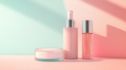 Poster - three elegant cosmetic containers arranged on a pastel background, showcasing beauty products