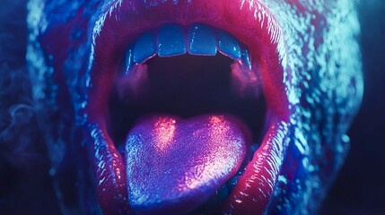 Wall Mural - neon lips: a close-up macro of a colorful mouth