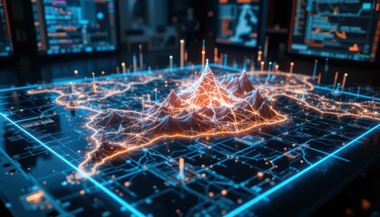 Poster - Futuristic Neon City Map with Network Connections and Data Visualization