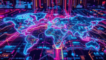 Poster - Neon Digital World Map with Circuit Lines and Data Visualization