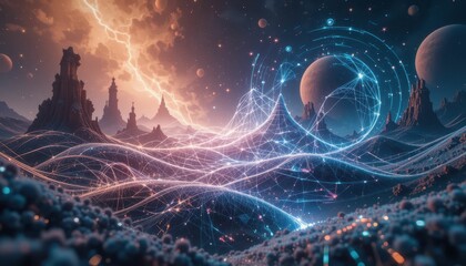 Poster - Abstract Cosmic Landscape with Energetic Waves and Celestial Bodies