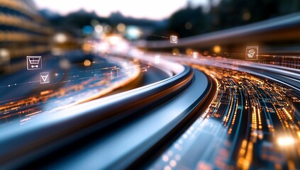 Poster - Modern highway at dusk with e-commerce icons for internet shopping concepts