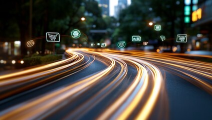 Poster - Road with light trails & retail icons; city at night for advertisement material