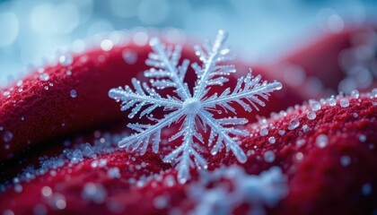 Poster - Delicate Snowflake on Soft Red Fabric with Sparkling Background