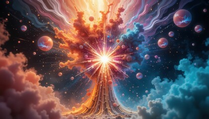 Poster - Vibrant Abstract Tree Eruption with Cosmic Elements and Colors