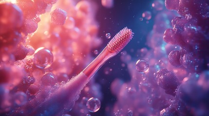 Wall Mural - close-up of a toothbrush in vibrant bubbles
