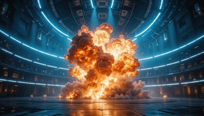 Poster - Dramatic Explosion with Fiery Flames and Smoke in Futuristic Setting