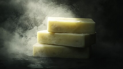 Poster - three stacked soap bars illuminated by soft light against a dark, misty background