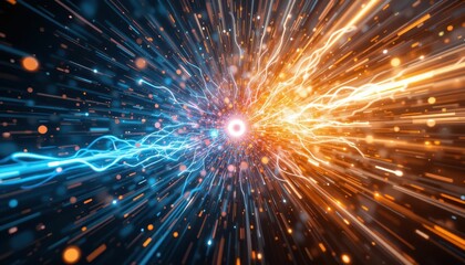Poster - Dynamic Energy Burst with Blue and Orange Light Rays and Particles