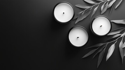 Poster - three elegant candles arranged on a dark surface with subtle green leaves in the background