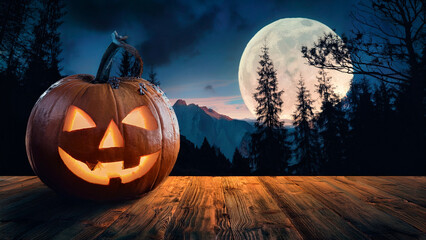 Wall Mural - Spooky Halloween Night with Glowing Jack-O'-Lantern Under a Full Moon