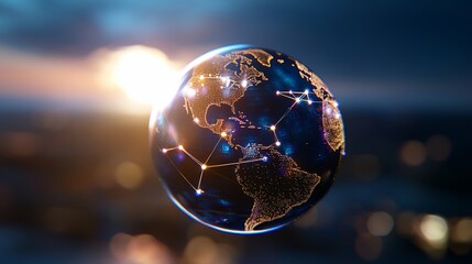 Poster - Global Network World in Focus, Evening Sky Backdrop, Communications Concept