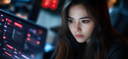 Poster - Focused Woman Codes on Laptop at Night; Bokeh Background. Programming concept