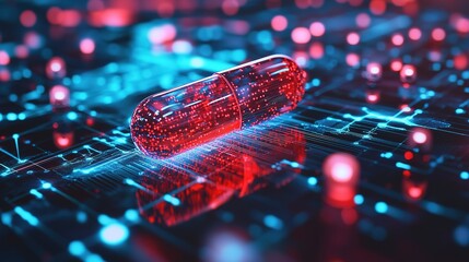 Poster - A digital representation of a pill on a network background symbolizes ai-driven precision medicine. , Full HD, 32 k Resolution