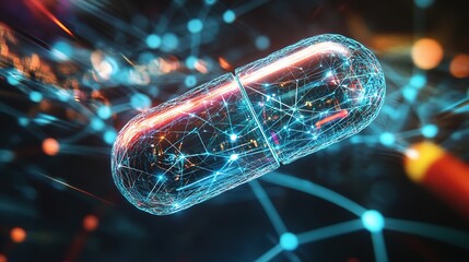 Poster - A digital representation of a pill on a network background symbolizes ai-driven precision medicine. , Full HD, 32 k Resolution