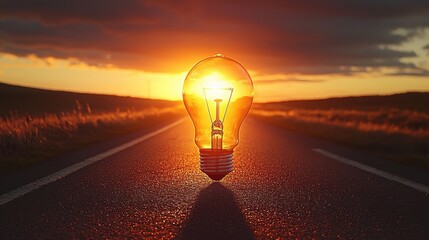 Poster - Illuminating light bulb positioned on a foggy road signifying inspiration and enlightenment on the journey of change