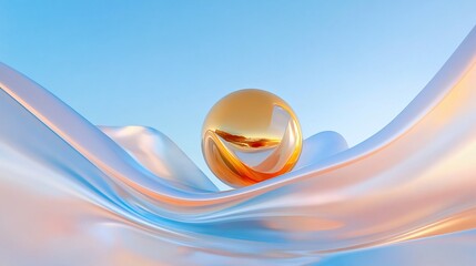 Poster - Golden sphere resting on silk cloth against a serene blue and pink background