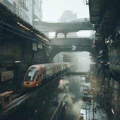 Canvas Print - futuristic city train: cyberpunk architecture