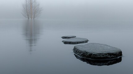 Poster - Serene foggy lake surrounded by rocks creating a peaceful atmosphere for mindful alignment and reflection
