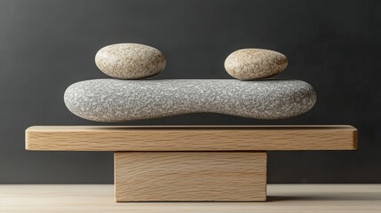 Poster - Two smooth rocks placed on a wooden stand emphasizing mindful balance and natural simplicity in design