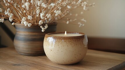 Poster - Beautiful vase holding a candle and fresh flowers creating a warm atmosphere for mindful presence and relaxation