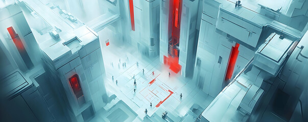 Poster - Futuristic city plaza, red accents, background buildings