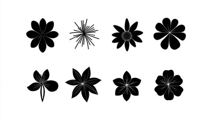 Eight black flower silhouettes, white background, design element