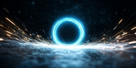 Poster - Sci-fi portal. Blue ring, sparks emitting, on dark surface. Conceptual image
