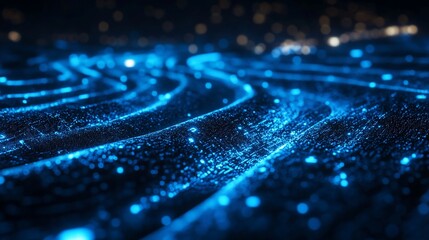 Poster - Abstract Blue Digital Waveform Texture Background Glowing Particles Illuminated Dark Space Futuristic Technology Concept