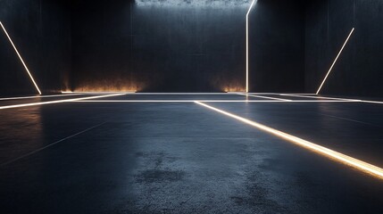 Poster - Abstract Futuristic Dark Room with Glowing Neon Lines Interior Design Architecture Background