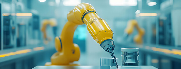 Poster - robot arm drills in factory