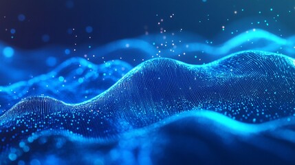 Fototapete - Abstract Blue Digital Waves: Glowing Particle Landscape of Technology and Innovation