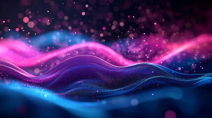 Poster - Abstract Purple Blue Digital Wave Background: Sparkling Neon Lights and Glowing Particles
