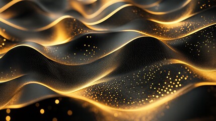 Poster - Abstract Golden Waves Digital Art:  Glowing Particles and Dark Background