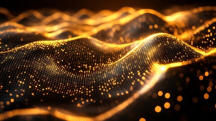 Poster - Golden Abstract Wave Digital Art:  Glowing Particle Network Mesh Background