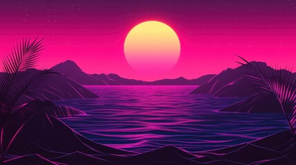 Poster - Vibrant sunset over tranquil ocean with silhouetted mountains and palm trees in foreground