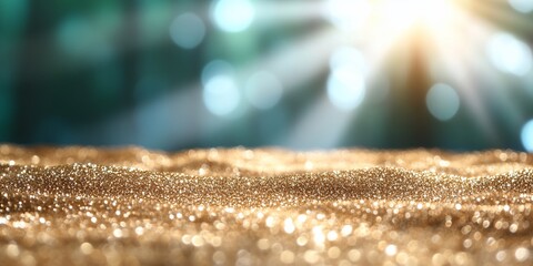 Poster - Gold glitter surface shines against a bokeh forest, used for festive ads