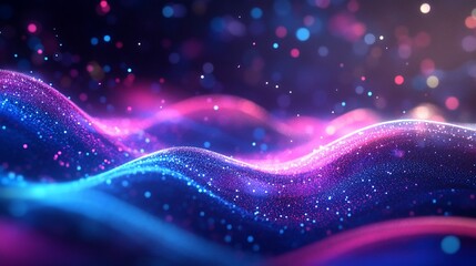 Poster - abstract cosmic nebula: vibrant pink and blue glowing particle waves