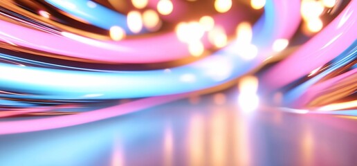 Poster - Abstract 3D scene with pink and blue glossy curves in motion with bokeh background