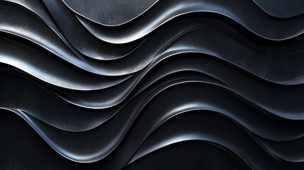 Poster - Abstract Dark Metallic Waves Background Texture Design,  Elegant 3D Rendered Black Curving Pattern