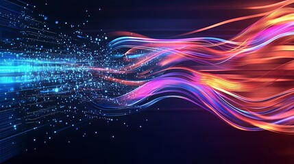Fototapete - Abstract Digital Data Stream in Blue and Red with Dynamic Light Wave Background