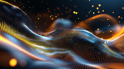 Fototapete - Abstract Digital Wave Background with Flowing Orange and Blue Particle Structure