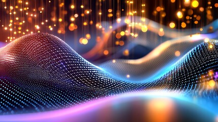 Fototapete - Abstract Digital Wave with Glowing Particles in Blue and Orange Hues Background