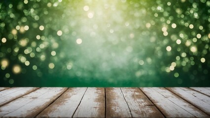 Wall Mural - Rustic wood board mockup surface with white and green bokeh background